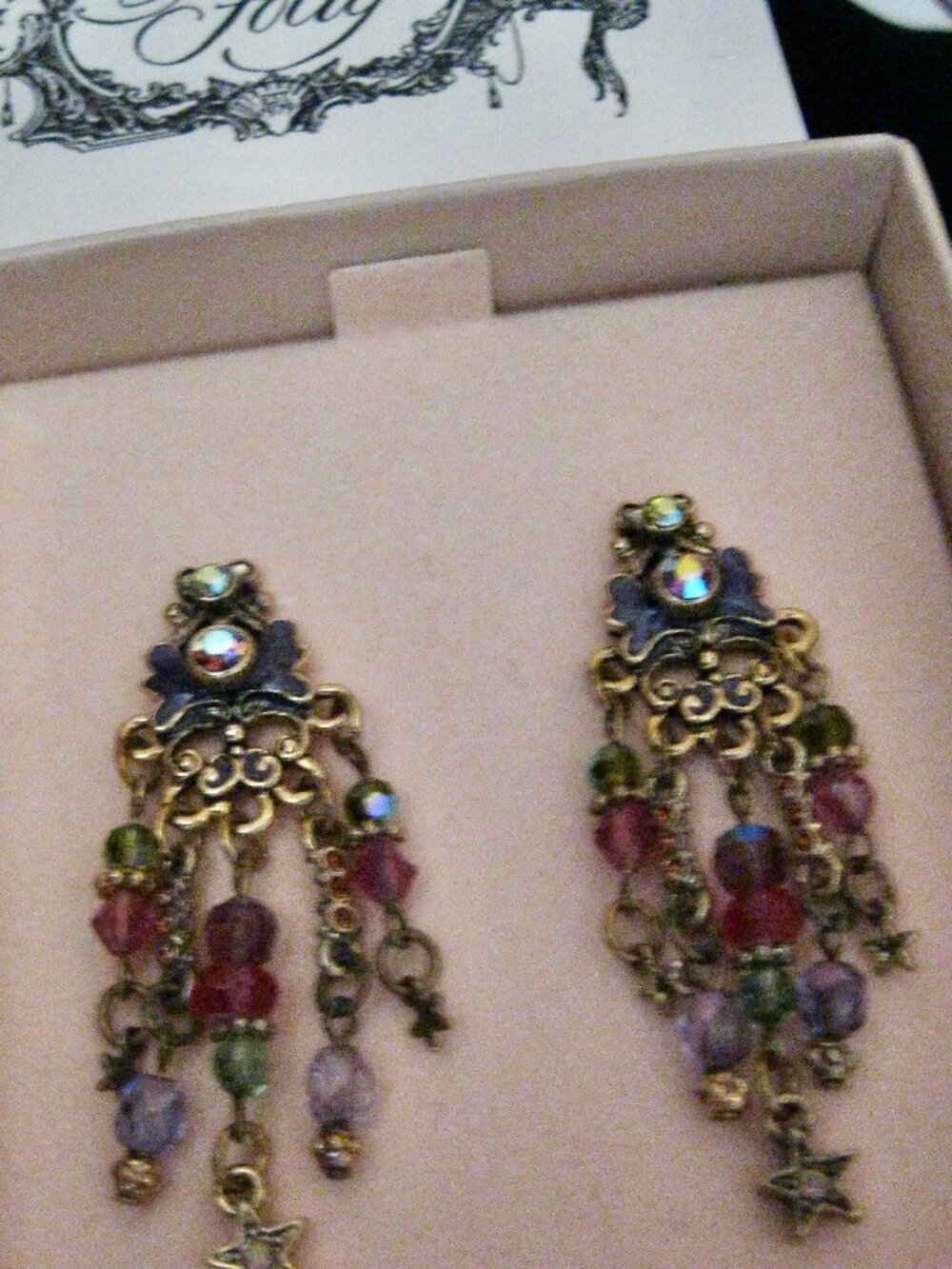 KIRKS FOLLY UNSIGNED WISTERIA PIERCED EARRINGS W/GREAT COLORS ON ANTIQUE FINISH